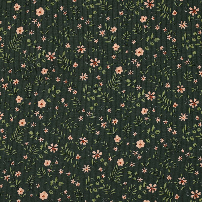 Rib Jersey Flowers - Dark Green	